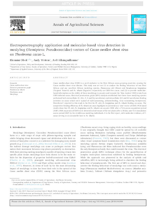 Electropenetrography application and molecular-based virus detection in mealybug (Hemiptera: Pseudococcidae) vectors of Cacao swollen shoot virus on Theobroma cacao L. Thumbnail