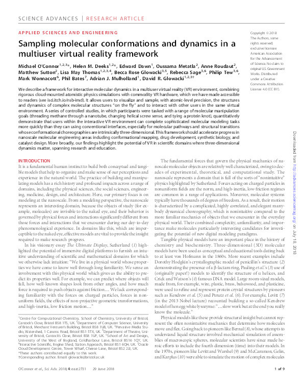 Sampling molecular conformations and dynamics in a multiuser virtual reality framework Thumbnail