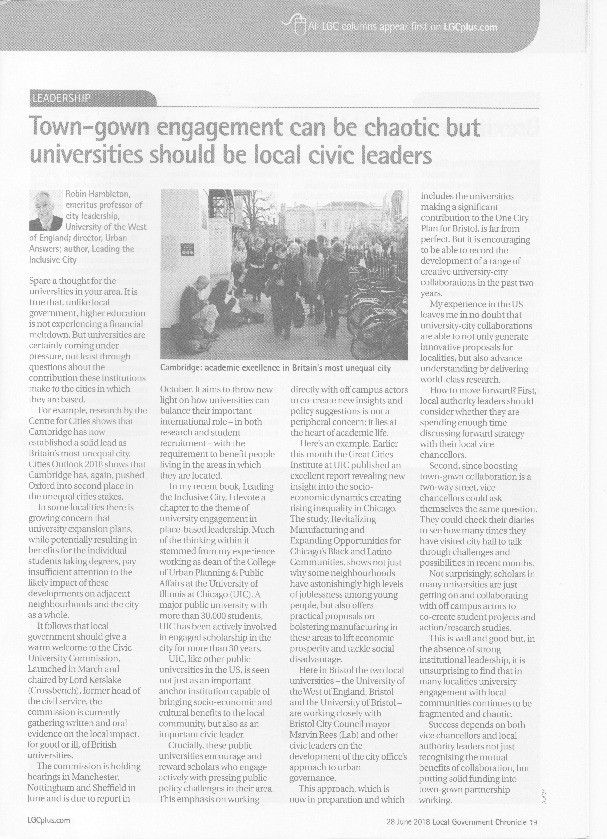 Town-gown engagement can be chaotic but universities should be local civic leaders Thumbnail