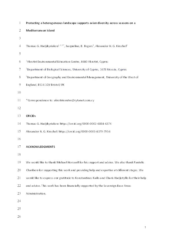 Protecting a heterogeneous landscape supports avian diversity across seasons on a Mediterranean island Thumbnail