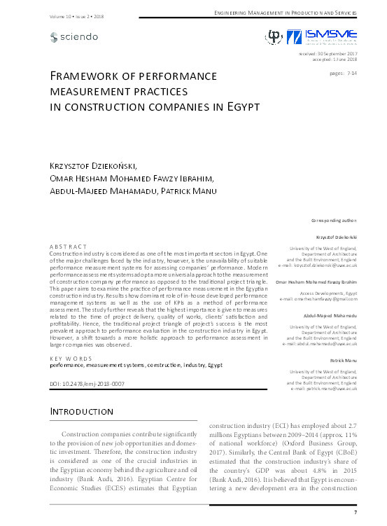 Framework of performance measurement practices in construction companies in Egypt Thumbnail