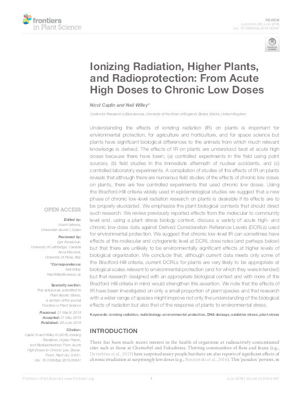 Ionizing radiation, higher plants, and radioprotection: From acute high doses to chronic low doses Thumbnail
