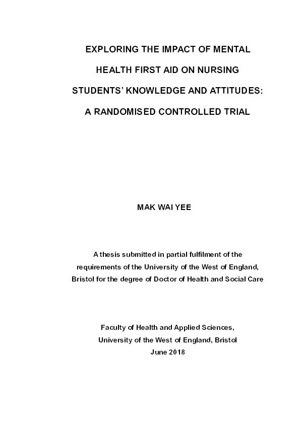 Exploring the impact of mental health first aid on nursing students’ knowledge and attitude: A pilot randomised controlled trial Thumbnail