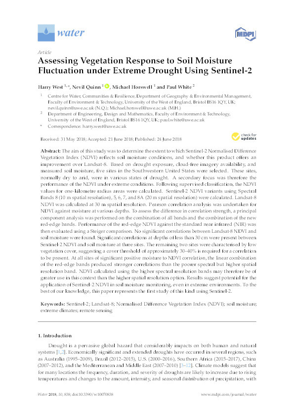 Assessing vegetation response to soil moisture fluctuation under extreme drought using sentinel-2 Thumbnail