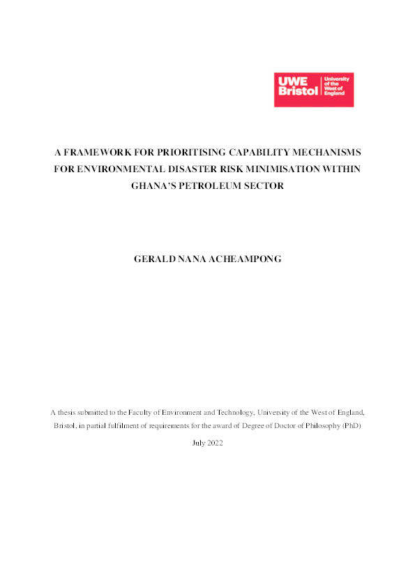A framework for prioritising capability mechanisms for environmental disaster risk minimisation within Ghana's petroleum sector Thumbnail