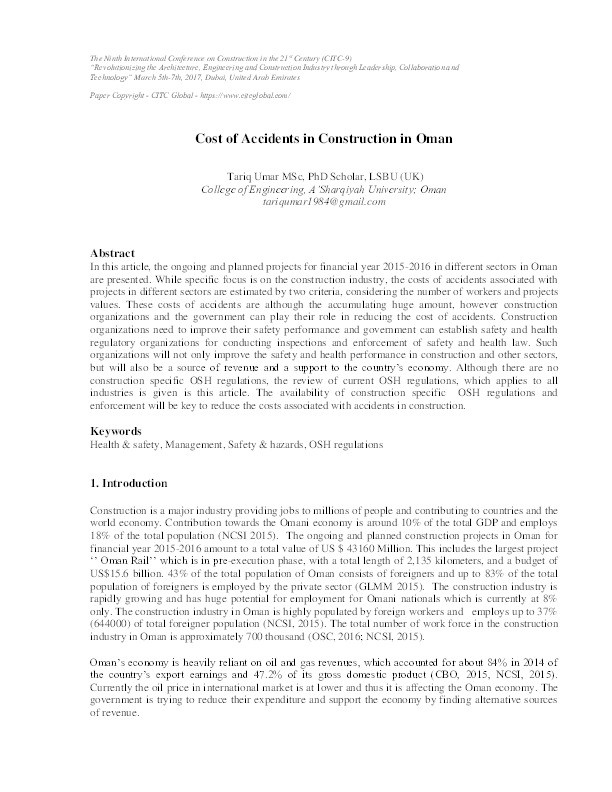 Cost of accidents in construction in Oman Thumbnail