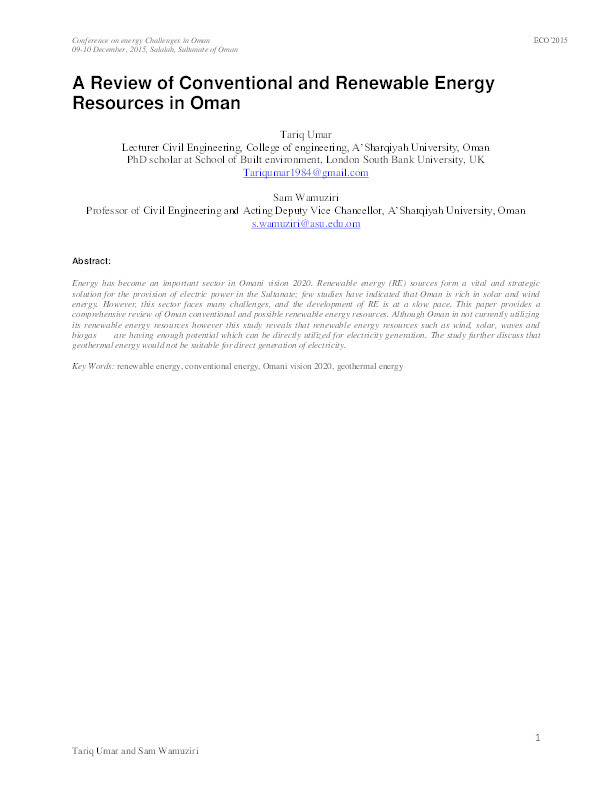 A review of conventional and renewable energy resources in Oman Thumbnail