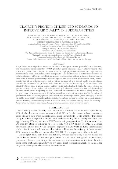 Claircity project: Citizen-led scenarios to improve air quality in European cities Thumbnail