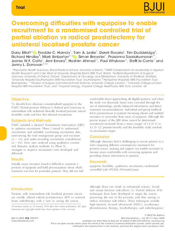 Overcoming difficulties with equipoise to enable recruitment to a randomised controlled trial of partial ablation vs radical prostatectomy for unilateral localised prostate cancer Thumbnail