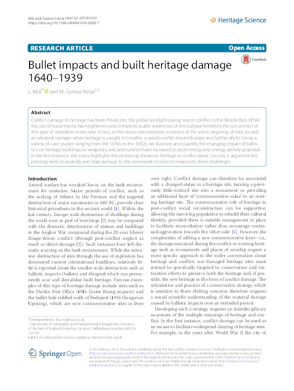Bullet impacts and built heritage damage 1640–1939 Thumbnail