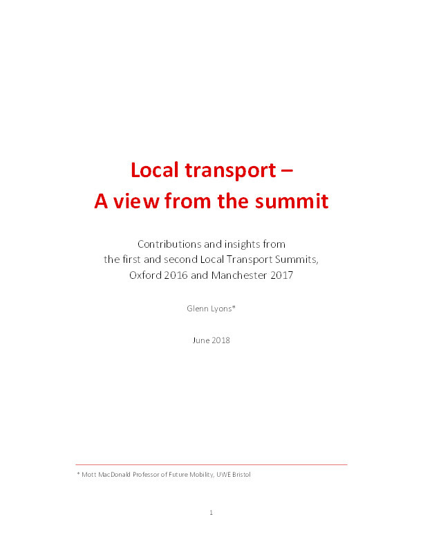 Local transport – a view from the summit. Contributions and insights from the first and second Local Transport Summits, Oxford 2016 and Manchester 2017 Thumbnail