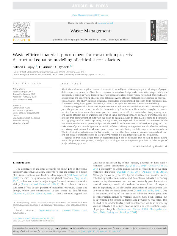 Waste-efficient materials procurement for construction projects: A structural equation modelling of critical success factors Thumbnail