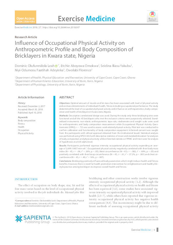 Influence of occupational physical activity on anthropometric profile and body composition of bricklayers in Kwara state, Nigeria Thumbnail