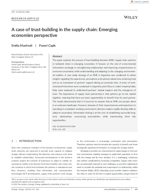 A case of trust‐building in the supply chain: Emerging economies perspective Thumbnail