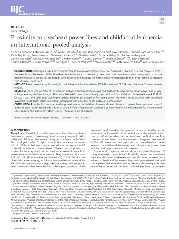 Proximity to overhead power lines and childhood leukaemia: an international pooled analysis Thumbnail