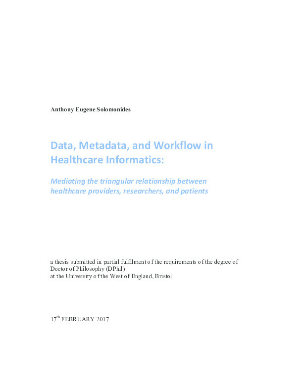 Data, metadata, and workflow in healthcare informatics Thumbnail