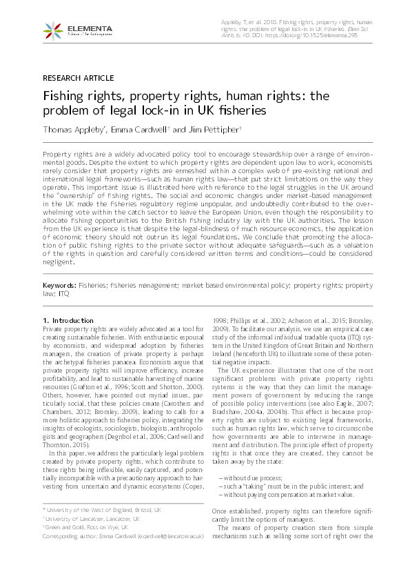 Fishing rights, property rights, human rights: The problem of legal lock-in in UK fisheries Thumbnail
