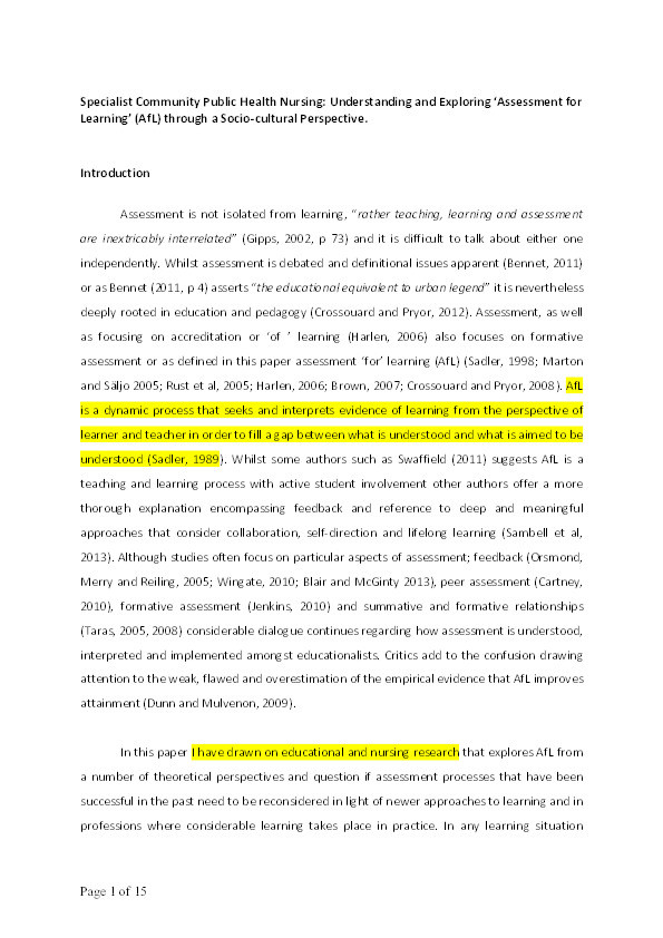 Specialist community public health nursing: Understanding and exploring assessment for learning Thumbnail