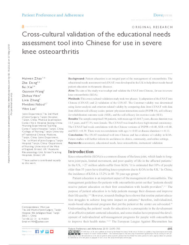 Cross-cultural validation of the educational needs assessment tool into Chinese for use in severe knee osteoarthritis Thumbnail