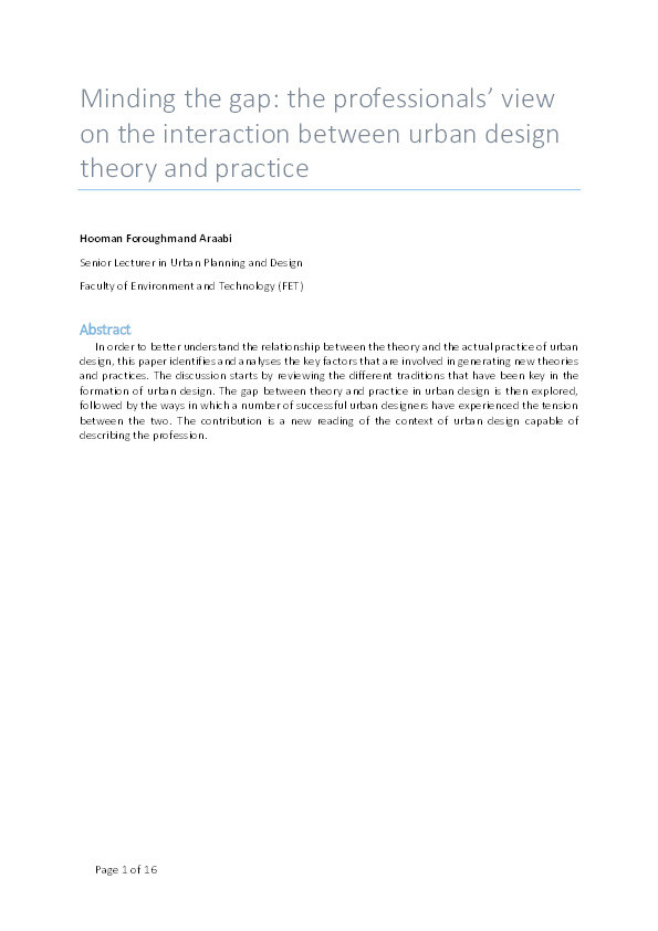 Minding the gap: The professionals' view on the interaction between urban design theory and practice Thumbnail