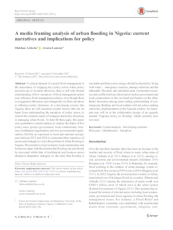 A media framing analysis of urban flooding in Nigeria: current narratives and implications for policy Thumbnail