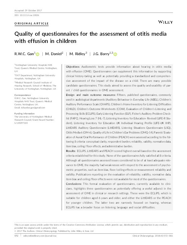 Quality of questionnaires for the assessment of otitis media with effusion in children Thumbnail
