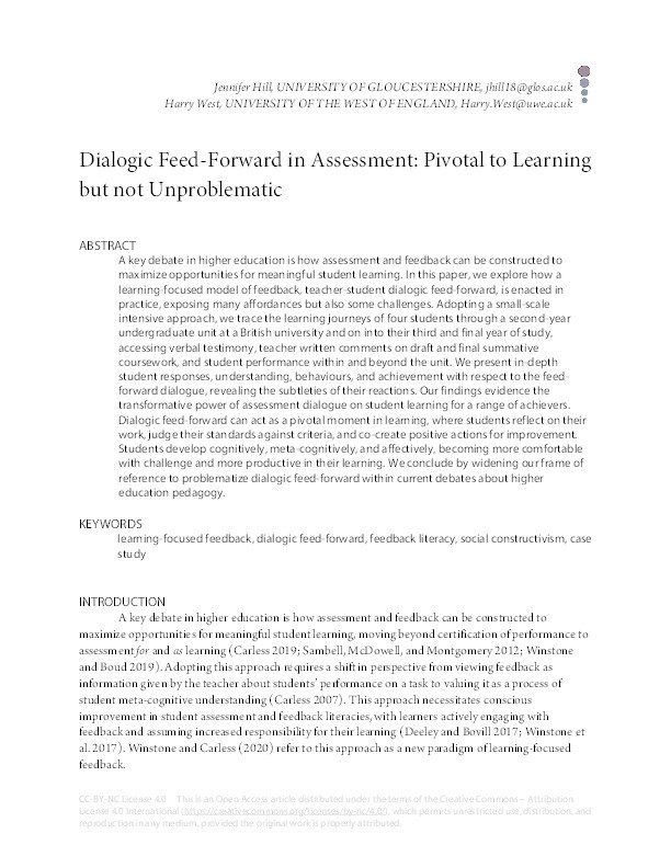 Dialogic feed forward in assessment: Pivotal to learning but not unproblematic Thumbnail