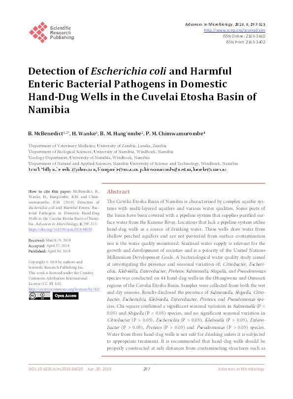 Detection of Escherichia coli and harmful enteric bacterial pathogens in domestic hand-dug wells in the Cuvelai Etosha Basin of Namibia Thumbnail