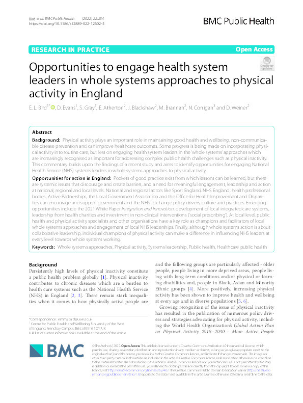 Opportunities to engage health system leaders in whole systems approaches to physical activity in England Thumbnail