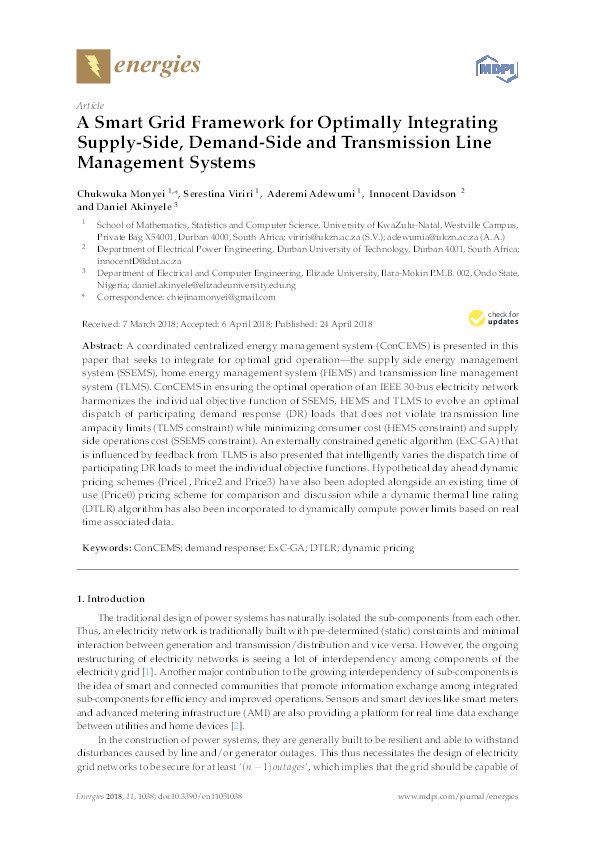A smart grid framework for optimally integrating supply-side, demand-side and transmission line management systems Thumbnail