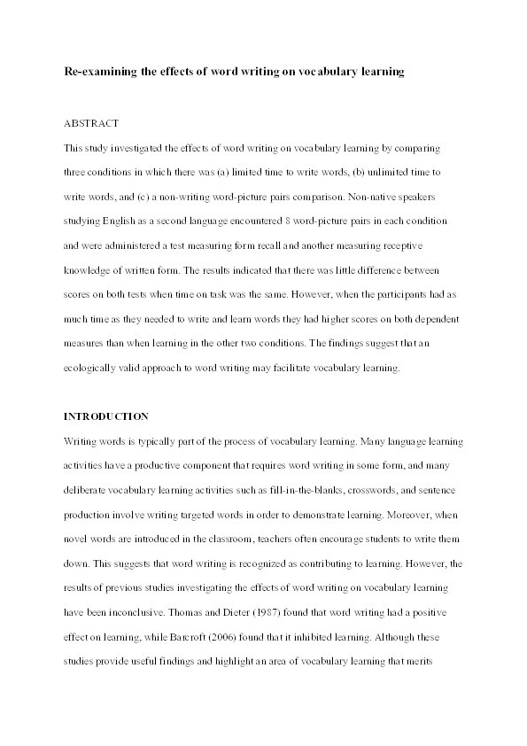 Re-examining the effects of word writing on vocabulary learning Thumbnail