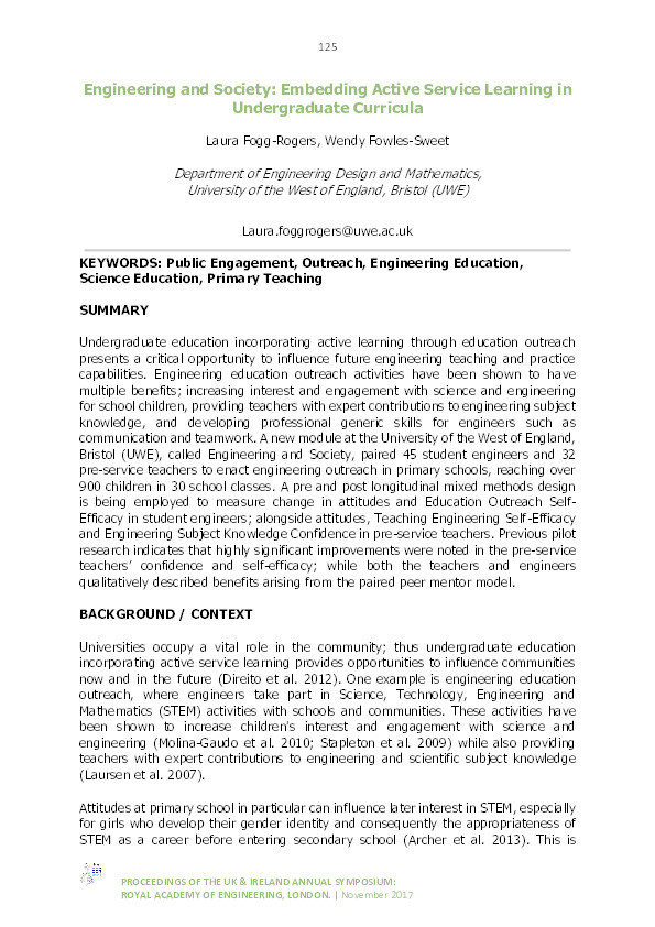 Engineering and society: Embedding active service learning in undergraduate curricula Thumbnail