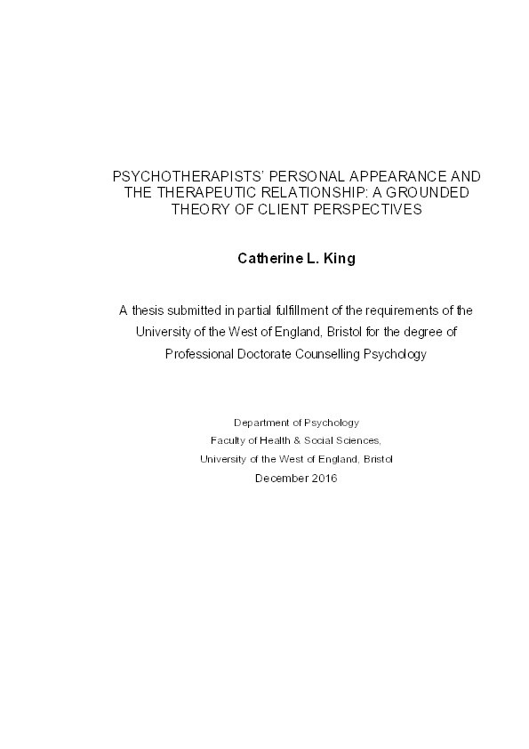 Psychotherapists’ personal appearance and the therapeutic relationship: A grounded theory of client perspectives Thumbnail