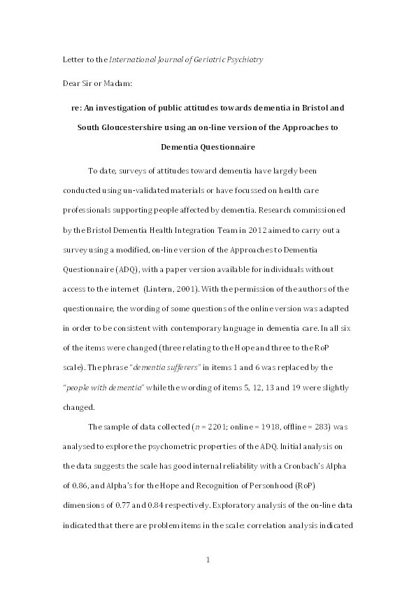 Re: An investigation of public attitudes towards dementia in Bristol and South Gloucestershire using an online version of the Approaches to Dementia Questionnaire Thumbnail