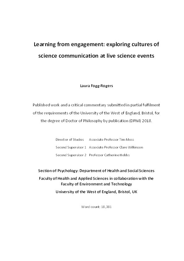 Learning from engagement: Exploring cultures of science communication at live science events Thumbnail