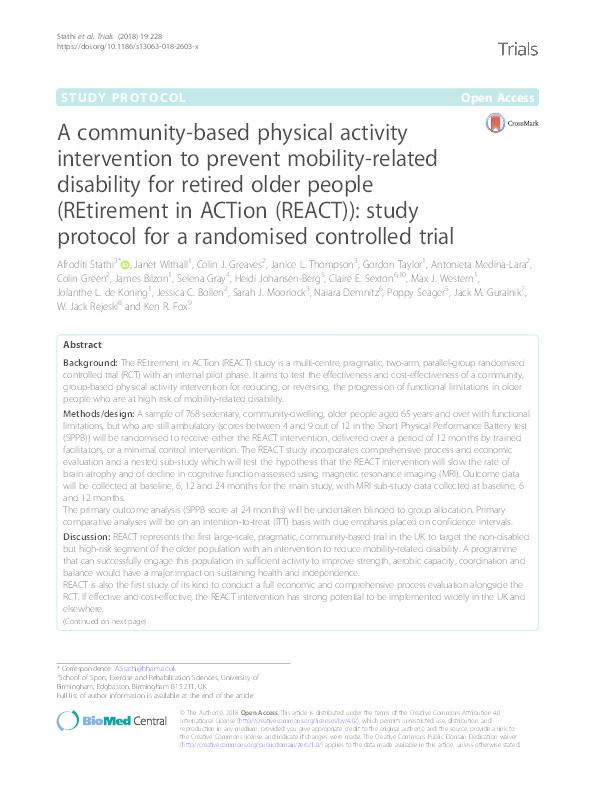 A community-based physical activity intervention to prevent mobility-related disability for retired older people (REtirement in ACTion (REACT)): Study protocol for a randomised controlled trial Thumbnail