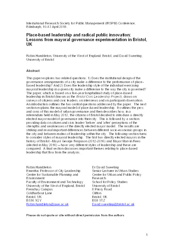 Place-based leadership and radical public innovation: Lessons from mayoral governance experimentation in Bristol, UK Thumbnail