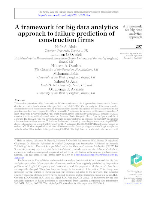 A framework for big data analytics approach to failure prediction of construction firms Thumbnail