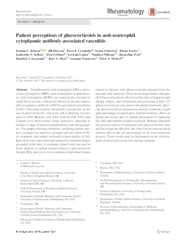 Patient perceptions of glucocorticoids in anti-neutrophil cytoplasmic antibody-associated vasculitis Thumbnail