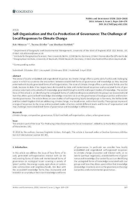 Self-organisation and the co-production of governance: The challenge of local responses to climate change Thumbnail
