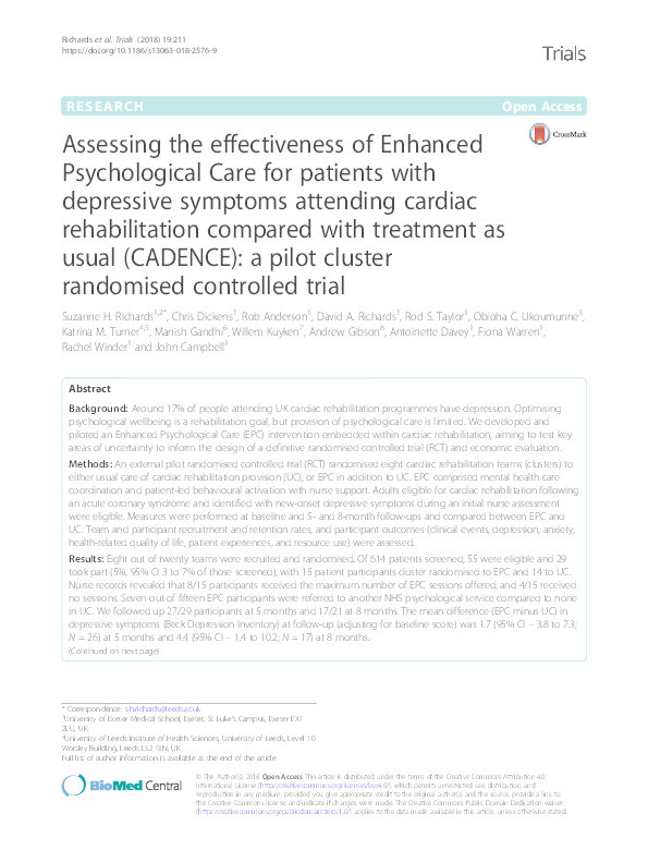 Assessing the effectiveness of Enhanced Psychological Care for patients with depressive symptoms attending cardiac rehabilitation compared with treatment as usual (CADENCE): A pilot cluster randomised controlled trial Thumbnail