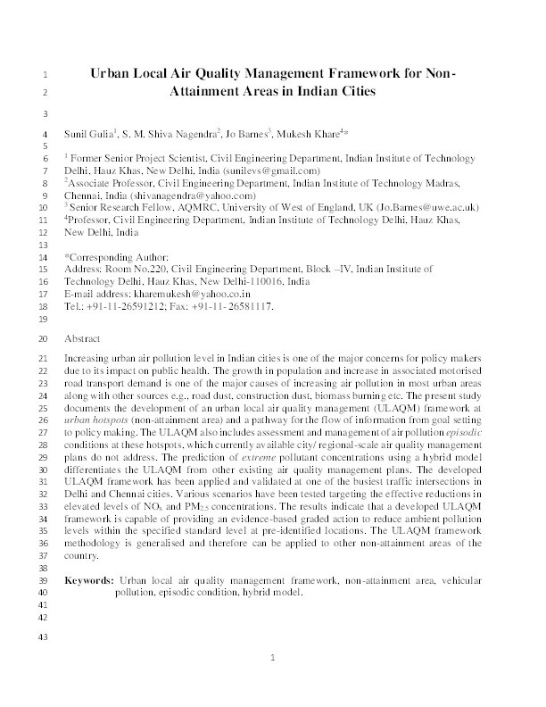 Urban local air quality management framework for non-attainment areas in Indian cities Thumbnail