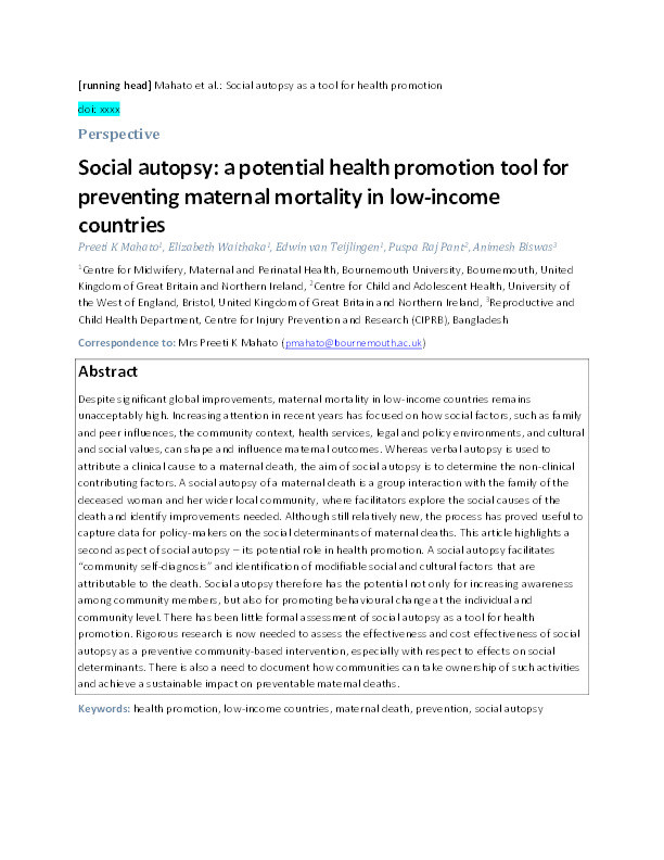 Social autopsy: a potential health-promotion tool for preventing maternal mortality in low-income countries Thumbnail
