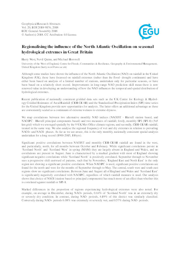 Regionalising the influence of the North Atlantic Oscillation on seasonal hydrological extremes in Great Britain Thumbnail