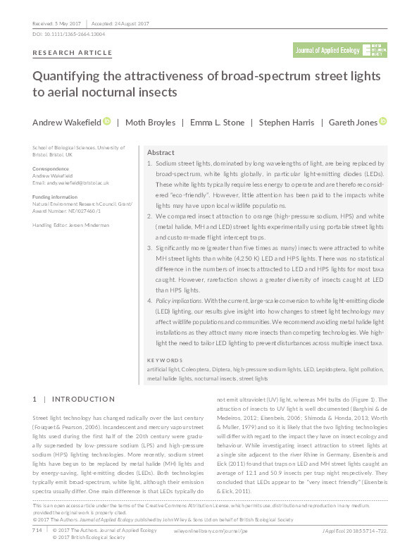 Quantifying the attractiveness of broad-spectrum street lights to aerial nocturnal insects Thumbnail