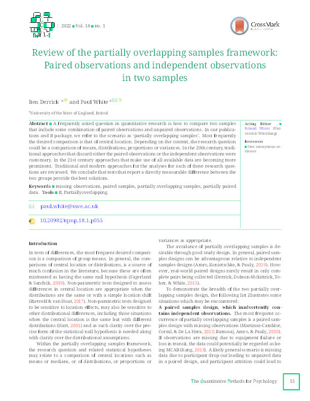 Review of the partially overlapping samples framework: Paired observations and independent observations in two samples Thumbnail