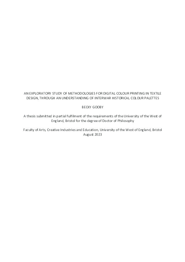 An exploratory study of methodologies for digital colour printing in textile design, through an understanding of interwar historical colour palettes Thumbnail