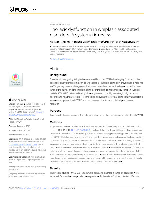 Thoracic dysfunction in whiplash associated disorders: A systematic review Thumbnail
