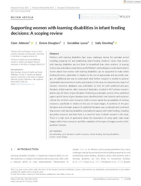 Supporting women with learning disabilities in infant feeding decisions: A scoping review Thumbnail
