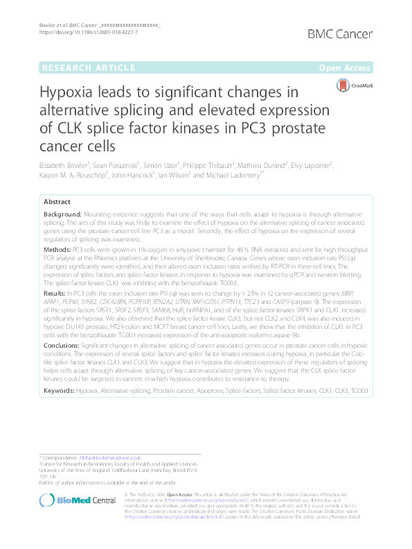 Hypoxia leads to significant changes in alternative splicing and elevated expression of CLK splice factor kinases in PC3 prostate cancer cells Thumbnail